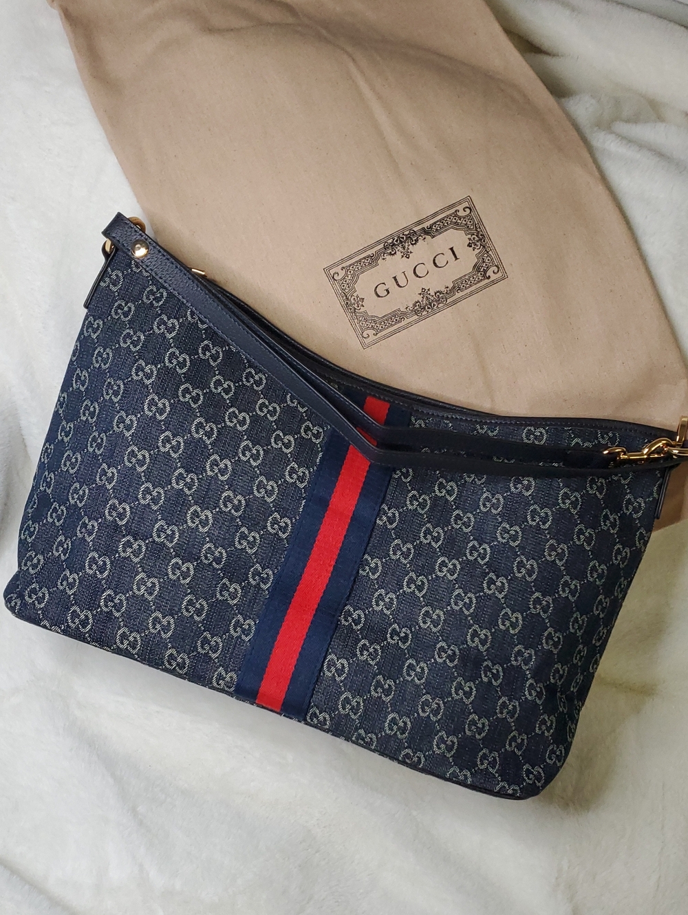 Gucci Navy GG Supreme Canvas Shoulder Bag with Red Stripe